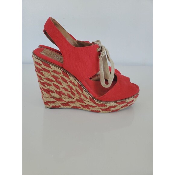 Tory Burch LINLEY Red Canvas Espadrille Wedge Sandals Size 10 M Shoes - Picture 1 of 12